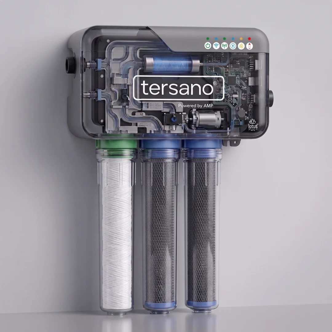 lotus® WTS internal components — AMP ozone cell, sediment filter, carbon filters, and IoT circuit board